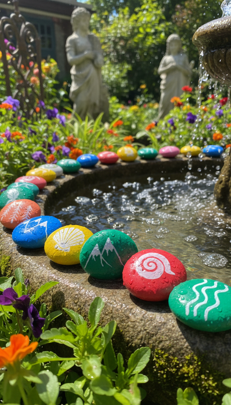 A collection of rounded, brightly painted pebbles, each marked with a whimsical hand-painted location icon—mountains, shells, pine trees, rivers—spread along the edge of a lively garden fountain. Water droplets glisten on the pebbles’ glossy surfaces, illuminated by radiant midday sunlight, which casts crisp, playful shadows and refracts off the bubbling water nearby. The setting is brimming with energy, framed low and close, using shallow depth of field to focus attention on the pebbles while the vibrant garden dissolves into a burst of lush colors. The playful composition, saturated palette, and sense of tactile fun capture the spirit of adventure for a travel blog celebrating exploration and delighting in the world’s details.