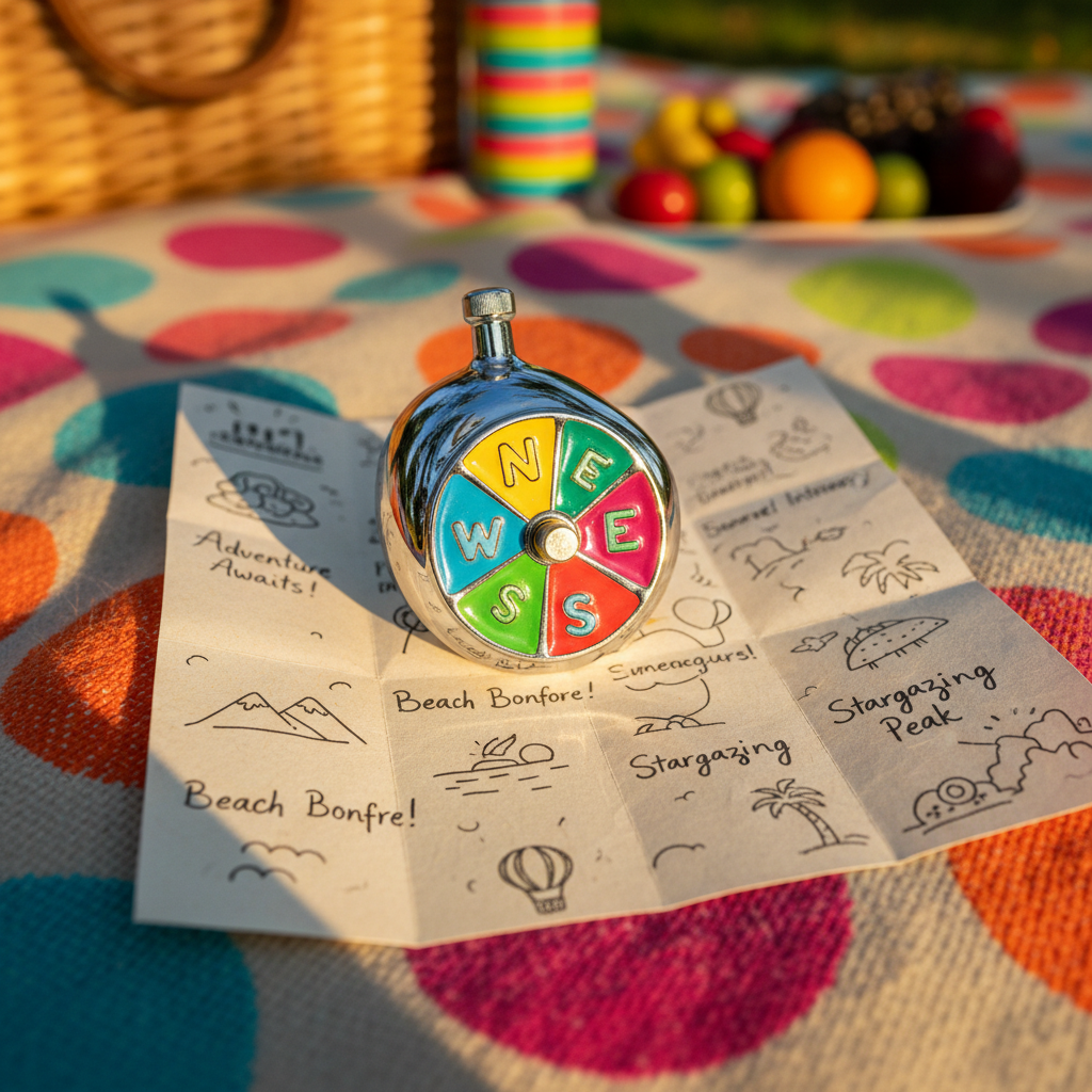 A glossy, vibrant enamel compass with rounded edges rests atop a folded, hand-drawn travel itinerary on a sunlit picnic blanket, patterned with bright polka dots and abstract swirls. The compass face features enlarged, playfully exaggerated cardinal points in contrasting colors, and the itinerary is scrawled in looping script across textured, cream-colored paper. Dappled golden hour sunlight flows across the scene, highlighting the metallic gleam of the compass and casting soft, rounded shadows. The composition is dynamic, shot from a slightly elevated angle with sharp focus on the compass, while colorful picnic elements blur cheerfully in the background. The atmosphere is energetic and optimistic, with a vivid, photographic quality and an unmistakably playful personality.