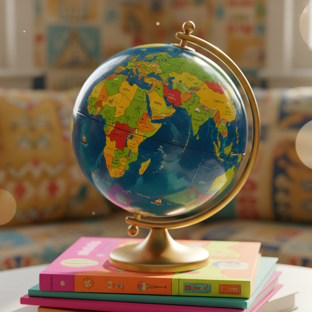 A brilliantly colored enamel world globe with a gleaming, rounded metallic base sits perched atop a stack of travel books decorated in bright, playful hues. The glossy globe is detailed with whimsical illustrations—mountains, rivers, and tropical trees—set against a vivid azure sea. Sunlight pours through a nearby window, creating dynamic highlights on the globe's surface and casting joyful, curving shadows. The setting is a cozy, well-lit reading nook with soft, abstract patterns in the background, conveying the warmth of a traveler's hideaway. Captured at eye-level with crisp, photographic focus and a hint of bokeh at the edges, the image radiates energy and curiosity, combining vibrant whimsy and photographic realism to inspire discovery.