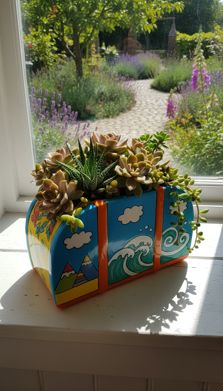A rounded, brightly painted ceramic suitcase planter, its surface adorned with playful iconography—clouds, tiny mountains, and waves—spills over with lush variegated succulents in brilliant greens and pinks. The planter is positioned on a sun-dappled window seat overlooking a garden path, with flecks of sunlight creating sparkling highlights on the planter's smooth surface and casting dynamic, patterned shadows. The energetic composition uses an asymmetrical layout, the camera angled gently from above, lending a sense of movement and organic rhythm. The mood is whimsical and adventurous, with a bold, photographic style and rich, saturated color palette evoking the spirit of playful exploration.
