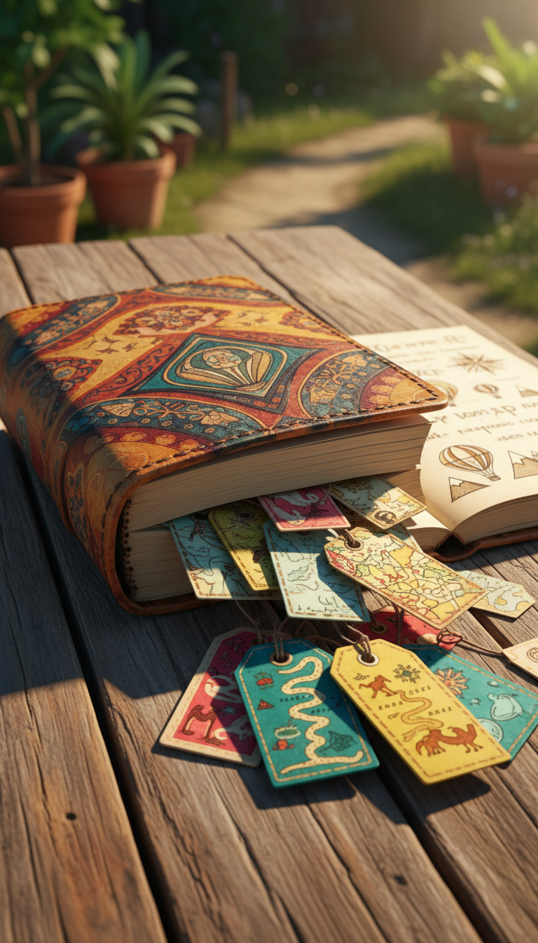A vibrant, oversized leather-bound travel journal with a hand-stitched spine and rounded corners sits open atop a weathered wooden table. Colored luggage tags and whimsical vintage map fragments spill from its pages, their edges curled playfully outward. Shimmering natural daylight streams in from the side, casting bright, cheerful highlights and creating lively shadows across the glossy ink and textured leather. The energy radiates a sense of playful anticipation and adventure. Photographed at a slightly elevated angle using the rule of thirds, the background softly blurs into hints of potted greenery and sunlit trails. The overall mood is energetic and wanderlust-filled, with a bright, photographic style and bold, rounded forms, perfectly suited for an uplifting travel blog introduction.