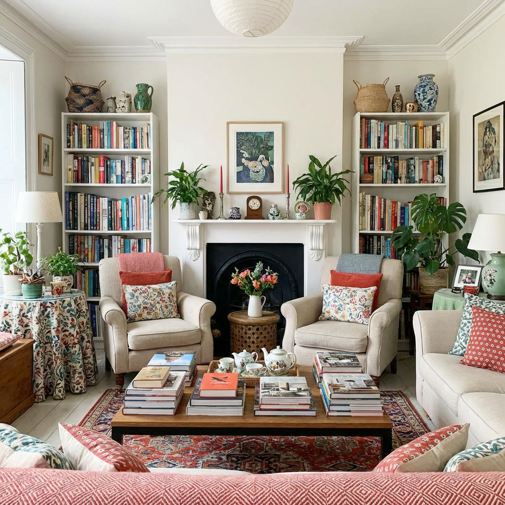 Bright living room featuring two armchairs, a central fireplace, and full white bookshelves.